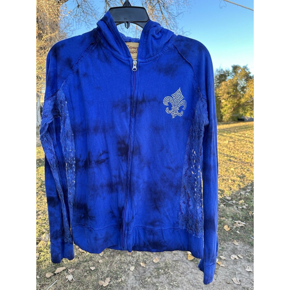 Cowgirl Legend Distressed Lace Hoodie Zip Jacket Womens Large Blue Lightweight - Picture 6 of 16
